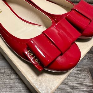 Prada Red Patent Leather Bow Round Toe Ballet Flats